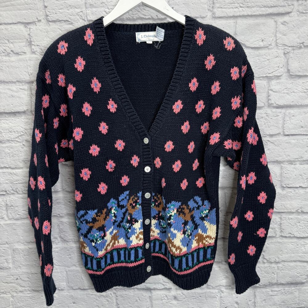 Vintage J Christopher Cardigan Sweater Size L Navy Blue Pink Cottagecore Womens